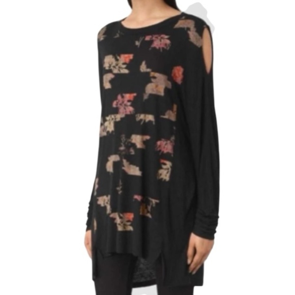 All Saints womenโs cold shoulder long sleeve long top abstract leaves small